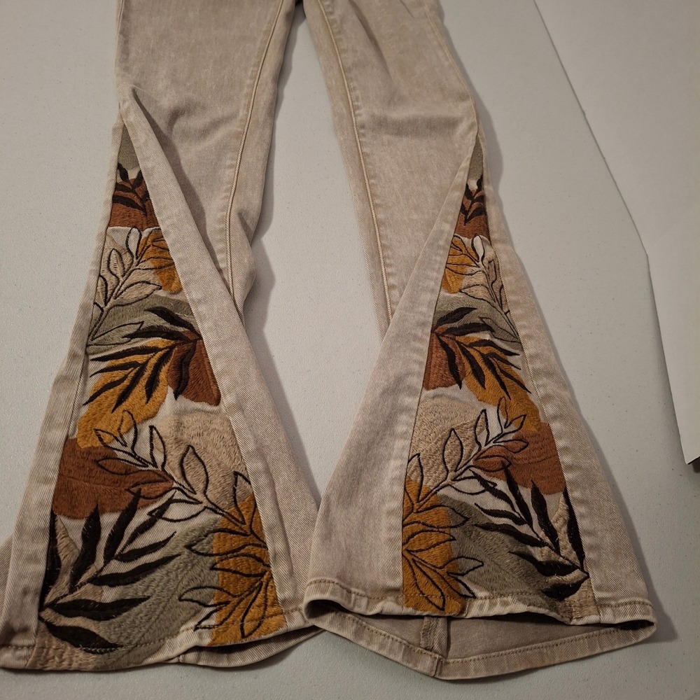 DRIFTWOOD Tan Wide Leg Jeans with Floral Panel - Picture 2 of 9